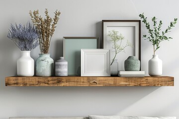 Wood floating shelf with frames and vases on white wall. Storage organization for home. Interior design of modern living room, Generative AI