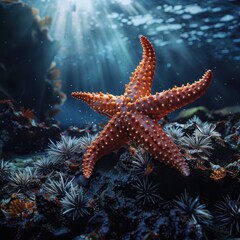a starfish is shown in the ocean with sunlight shining on it