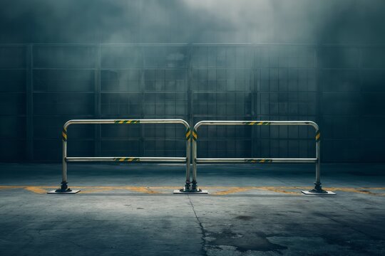 Two metal barricades stand firmly on a foggy, dimly lit industrial street, embodying control and restriction within the eerie, atmospheric scene.