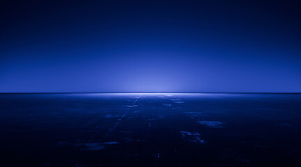 Dark room with blue light. Cement floor in the dark. 3d rendering