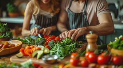 Happy Couple Preparing a Vegan Meal Together in a Modern Kitchen with Fresh Organic Vegetables