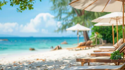A serene beach scene with lounge chairs and umbrellas under a sunny sky, perfect for a relaxing vacation.