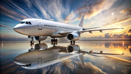 Obraz premium Sleek and sophisticated white modern passenger jet plane stands isolated on a blurred background with reflection and subtle shadows visible.