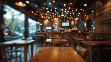 Fototapeta premium A cozy cafe interior featuring warm lighting and string lights, creating a welcoming and relaxed atmosphere for patrons.