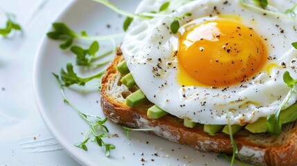 Fried egg on a slice of whole-grain toast, with smashed avocado and microgreens