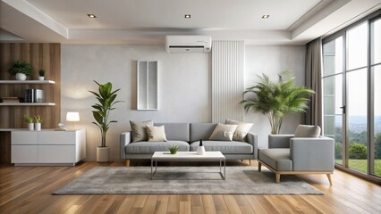 Fototapeta premium Modern minimalist living room with sleek air purifier and wall-mounted AC unit, tidy furniture, and ample copy space.