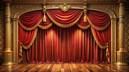 Luxurious red and gold theatrical curtain draped elegantly, awaiting grand ballroom dancing or comedic performance in opulent empty theater setting.