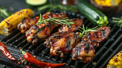 Grilling Chicken wings on hot grill. BBQ. Alongside vegetables like bell peppers, zucchini, and corn. Healthy Grilling.
