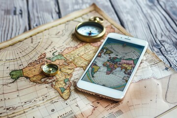 Travel preparation concept. Compass and phone on a map on the table. place for text. time to travel