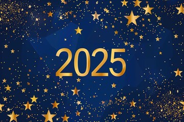 Happy New Year 2025 greeting card. Beautiful dark blue background with gold sparkling text. Happy New Year 2025