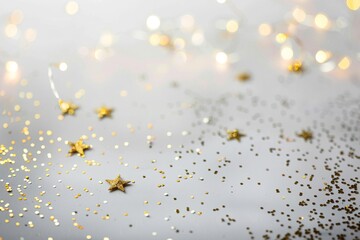 Golden Christmas decorations on a light background. Christmas greeting concept.