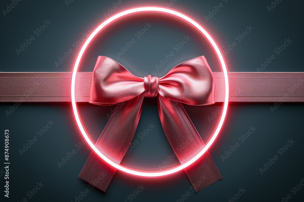 Poster neon pink bow with circular frame on a green background creating a stylish and festive design elemen
