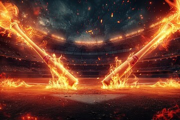 a baseball stadium and cross baseball bats with fire,