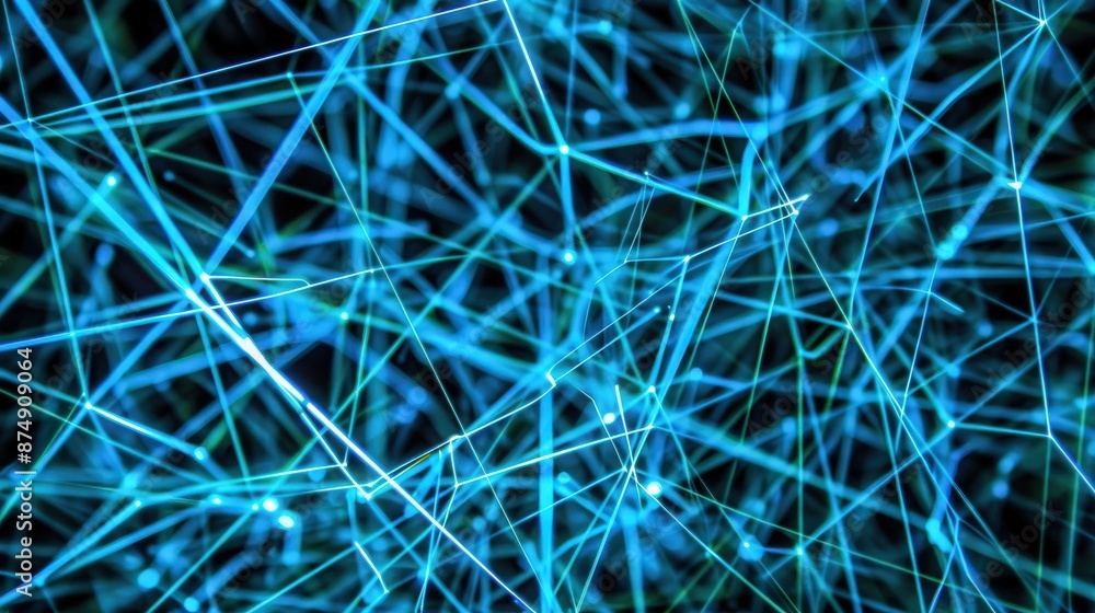 Poster blue interconnected lines forming a complex network web.