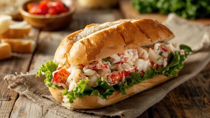 Lobster roll sandwich with lettuce on a rustic wooden table