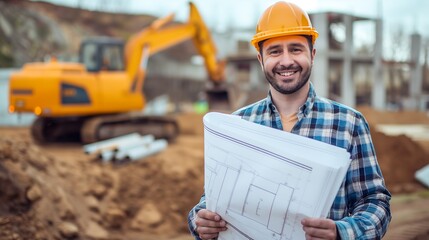 Professional Engineer Smiling with Blueprint in Hand at Construction Site, Demonstrating Leadership and Technical Expertise