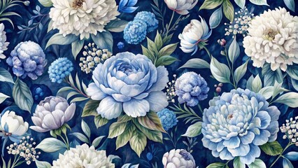 Dark blue and white watercolor floral seamless pattern featuring blooming peonies and hydrangeas on a subtle textured background.