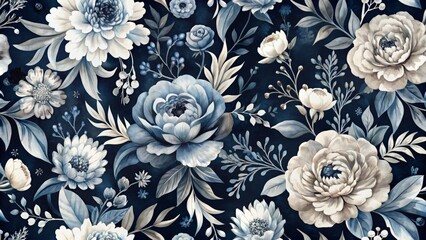 Intricate dark navy and white watercolour floral design unfolds into a seamless, elegant, and sophisticated repeating pattern on a dreamy backdrop.