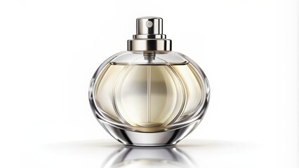 Elegant transparent glass perfume bottle with delicate rounded curves and silver metallic cap on white background standing alone.