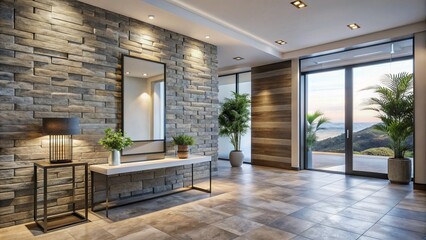 Modern coastal entrance hall features stone tile walls, sleek floors, and an empty mock-up frame, awaiting personalized decor touches.