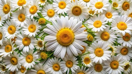 Fototapeta premium Vibrant assortment of fresh white and yellow daisies with delicate petals and green stems arranged in a circular pattern.