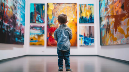 A little boy stands in an art gallery, looking at colorful paintings hanging on the wall behind him, dressed in jeans and sneakers, with his back to the camera.