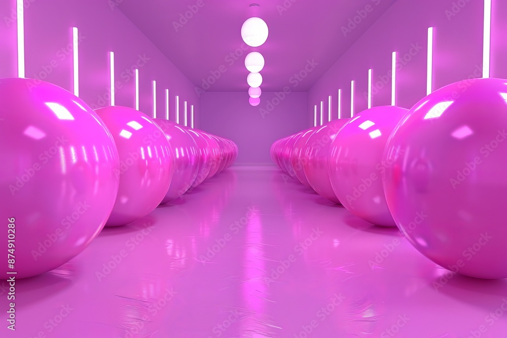 Poster pink futuristic hallway with glossy spherical lights creating a vibrant and dynamic high-tech scene.
