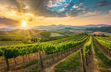 Fototapeta premium Beautiful Sunset Sky in Napa Valley Wine Country on Spring Vineyards , Mountains.