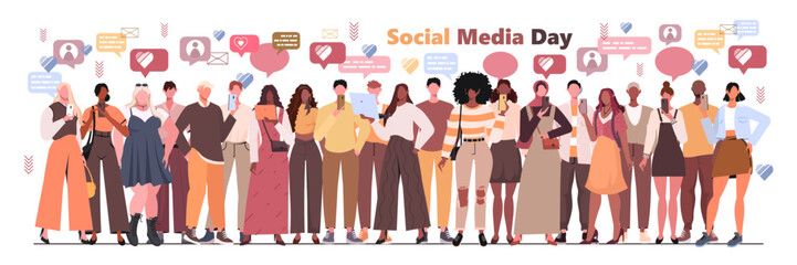 Obraz premium Social Media Day. Multiethnic group of people in casual clothes stand together and using smartphone. People looking at cellphone device, surfing internet. Vector template for banner, card, poster.