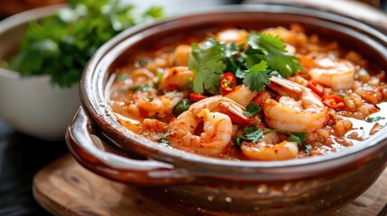 Spicy prawn soup in a clay pot, garnished with fresh cilantro and red chili slices