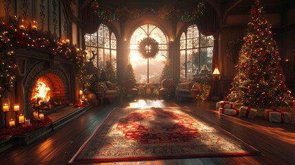 Cozy Christmas living room with a festive decorated tree, lit fireplace, and wrapped gifts, creating a warm holiday ambiance.