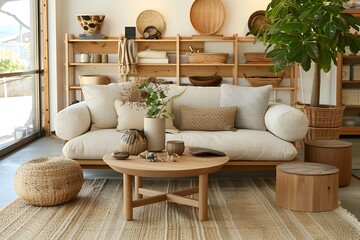 Japanese modern interior design room. Indoor living in Muji design style.