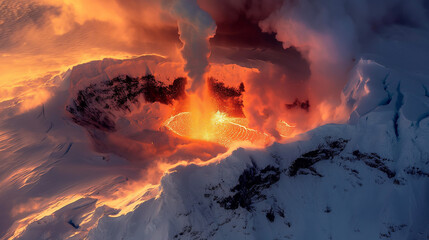 Fototapeta premium Fiery lava erupts amidst icy terrain. Eruption of Mount Erebus: Antarctica’s Mount Erebus.