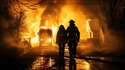 Two firefighters at night battling a blazing house fire, showcasing bravery and teamwork.
