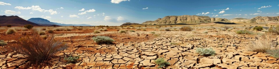 Scorching Arid Desert Landscape with Cracked Soil and Sparse Vegetation Highlighting the Severe Impact of Drought and the Importance of Water Conservation，Ecological environment, protect water resourc