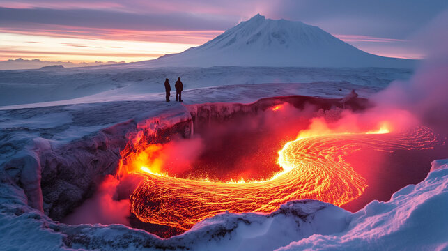 Fiery lava erupts amidst icy terrain. Eruption of Mount Erebus: Antarctica’s Mount Erebus.