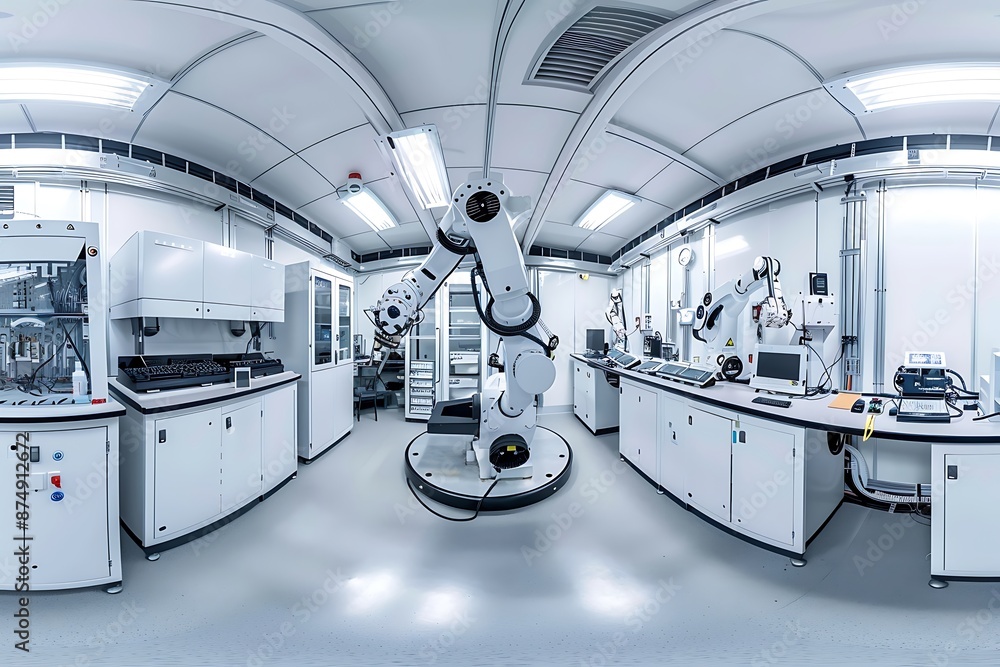 Poster robotics lab with industrial robots and equipment