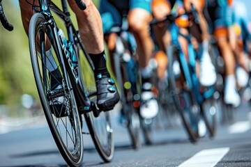 Close-up of a group of cyclists with professional racing sports gear riding