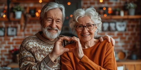 Obraz premium Close up portrait happy sincere middle aged elderly retired family couple making heart gesture with fingers, showing love or demonstrating sincere feelings together indoors, Generative AI