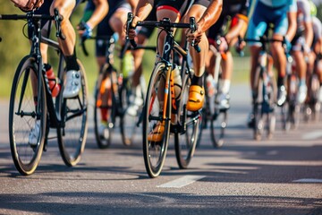 Fototapeta premium Close-up of a group of cyclists with professional racing sports gear riding