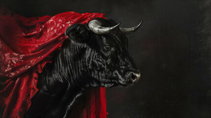 A bull with a red rag, ready to fight. Bullfighting concept
