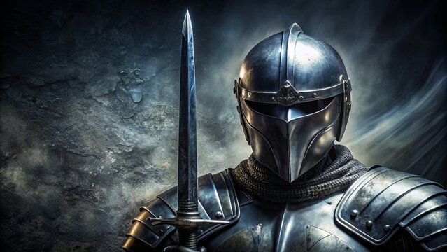 Dark metallic background with silver armor-inspired text effect template featuring abstract warrior helmet and sword design elements in shadowy tones.