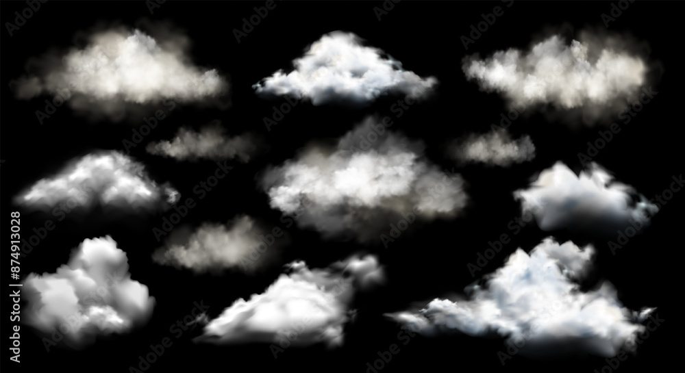 Wall mural vector set of realistic isolated cloud or smoke on black background as weather element. cloud patter