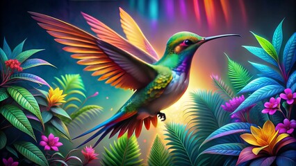 Obraz premium Vibrant neon hues radiate from a delicate hummingbird's iridescent feathers as it flutters amidst a subtle, gradient-infused botanical landscape.