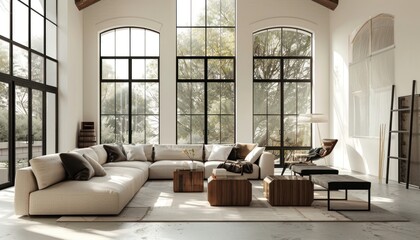 "Modern Tranquility: A Spacious Living Room with Expansive Windows, Soaring Ceilings, and a Minimalist White and Wood Palette with Black Accents" Generative AI