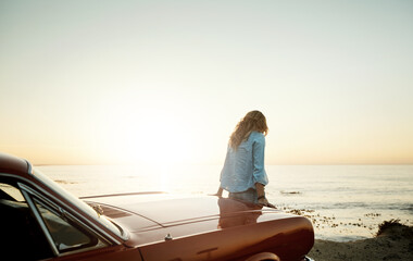 Road trip, girl and thinking with Miami beach, sunset and view for holiday and vacation. Muscle...