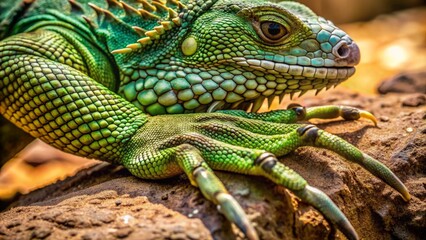 Fototapeta premium A close-up shot of a reptile's scaly green skin, with claws and spiky ridges, set against a dry, rocky terrain background.