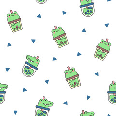 Matcha bubble tea with animal faces. Seamless pattern. Boba beverage. Hand style. Vector drawing. Design ornaments.