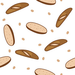 Bread. Seamless pattern. Loaf food, bakery baget, pastry grain. Hand drawn style. Vector drawing. Design ornaments.