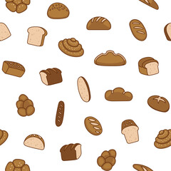Bread. Seamless pattern. Loaf food, bakery baget, pastry grain. Hand drawn style. Vector drawing. Design ornaments.